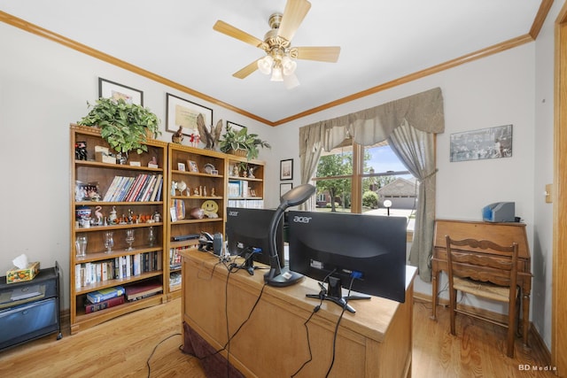 14879 Harbor Dr, Oak Forest, IL 60452 - office space with crown molding, light wood finished floors, and a ceiling fan