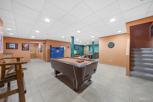 14879 Harbor Dr, Oak Forest, IL 60452 - rec room with a paneled ceiling, pool table, light tile patterned flooring, and recessed lighting