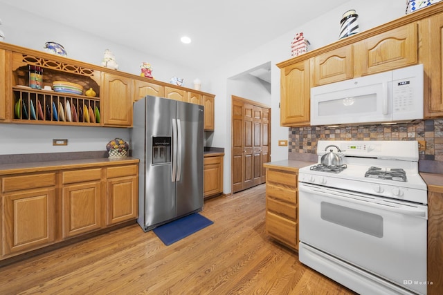14879 Harbor Dr, Oak Forest, IL 60452 - kitchen with white appliances, light wood-type flooring, decorative backsplash, recessed lighting, and open shelves