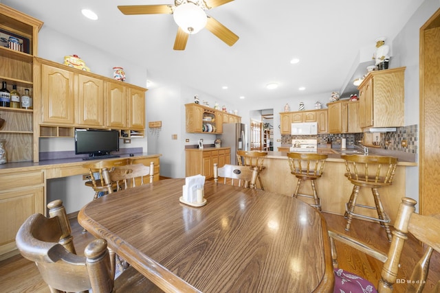 14879 Harbor Dr, Oak Forest, IL 60452 - dining area featuring ceiling fan, recessed lighting, light wood-style flooring, and built in study area