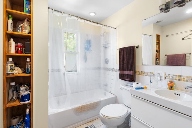 1330 W Norwood Ave, Chicago, IL 60660 - bathroom with vanity, shower / tub combo with curtain, tasteful backsplash, and tile patterned flooring