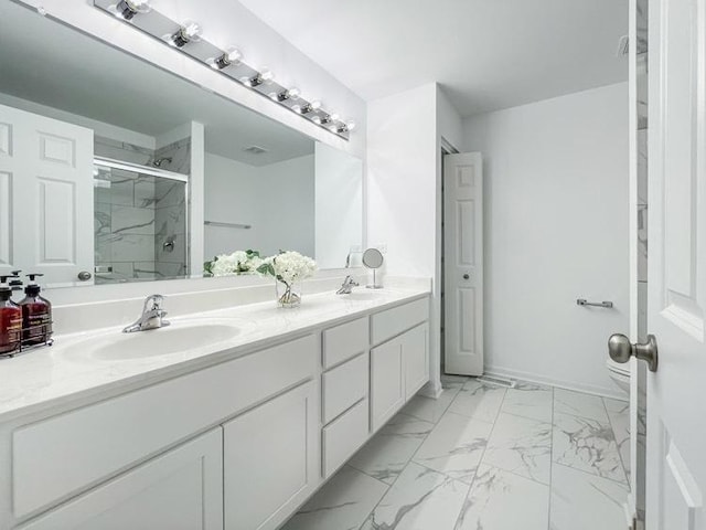 1583 Glenbrooke Ln, New Lenox, IL 60451 - bathroom with a marble finish shower, double vanity, and marble finish flooring
