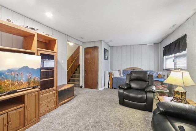 10956 S Nagle Ave, Worth, IL 60482 - living room with carpet, stairs, and wood walls