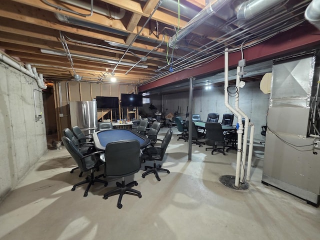 723 Casey Dr, Minooka, IL 60447 - unfinished below grade area featuring freestanding refrigerator, an office area, and heating unit