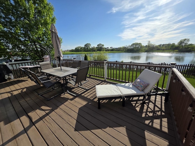 723 Casey Dr, Minooka, IL 60447 - wooden terrace featuring outdoor dining area and a water view