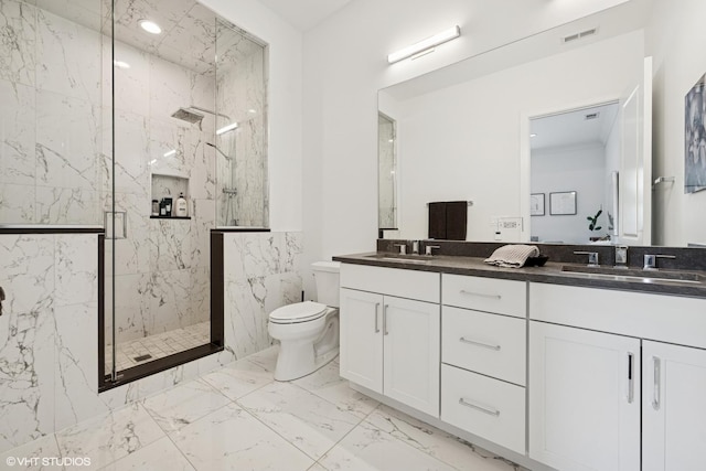 2242 W Lawrence Ave Unit 203, Chicago, IL 60625 - bathroom featuring marble look tile flooring, a marble finish shower, double vanity, and recessed lighting