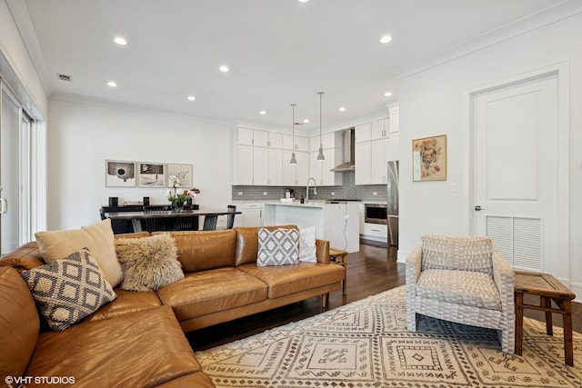 2242 W Lawrence Ave Unit 203, Chicago, IL 60625 - living area with ornamental molding, wood finished floors, and recessed lighting