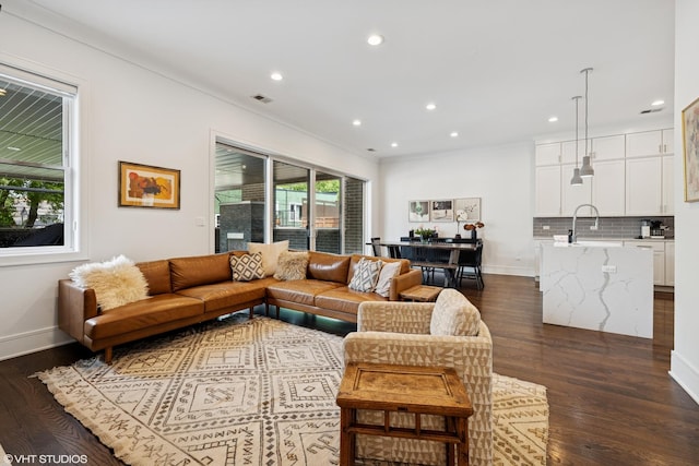 2242 W Lawrence Ave Unit 203, Chicago, IL 60625 - living room featuring dark wood finished floors, recessed lighting, and crown molding
