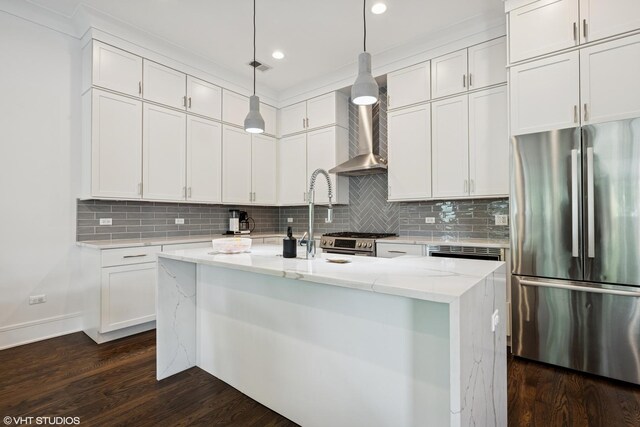 2242 W Lawrence Ave Unit 203, Chicago, IL 60625 - kitchen with appliances with stainless steel finishes, light stone countertops, tasteful backsplash, wall chimney exhaust hood, and recessed lighting