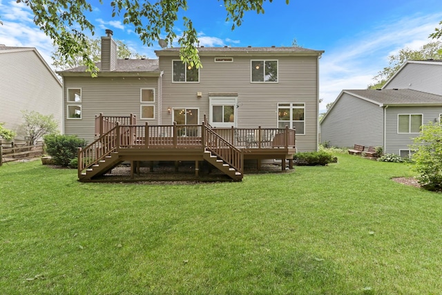 7612 Cascade Way, Gurnee, IL 60031 - back of house with stairs, a deck, a chimney, and a lawn