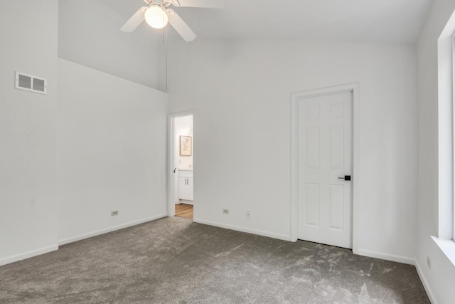 7612 Cascade Way, Gurnee, IL 60031 - unfurnished bedroom featuring carpet floors, high vaulted ceiling, connected bathroom, and a ceiling fan