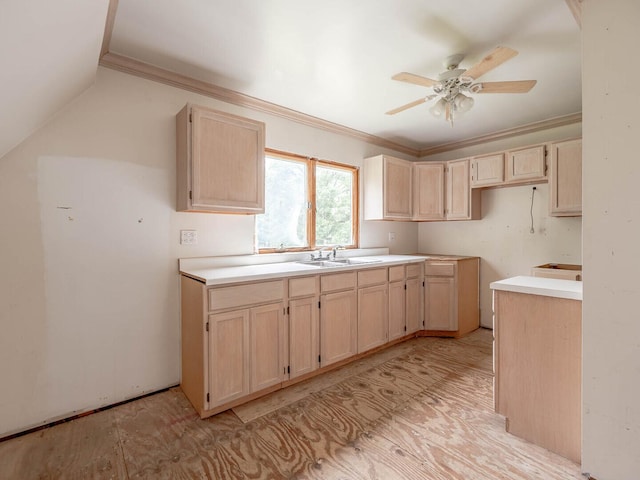 514 N St, Crete, IL 60417 - kitchen with light brown cabinetry, ceiling fan, crown molding, and light countertops