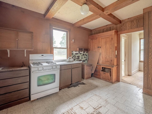 514 N St, Crete, IL 60417 - kitchen with gas range gas stove, beamed ceiling, healthy amount of natural light, coffered ceiling, and light countertops