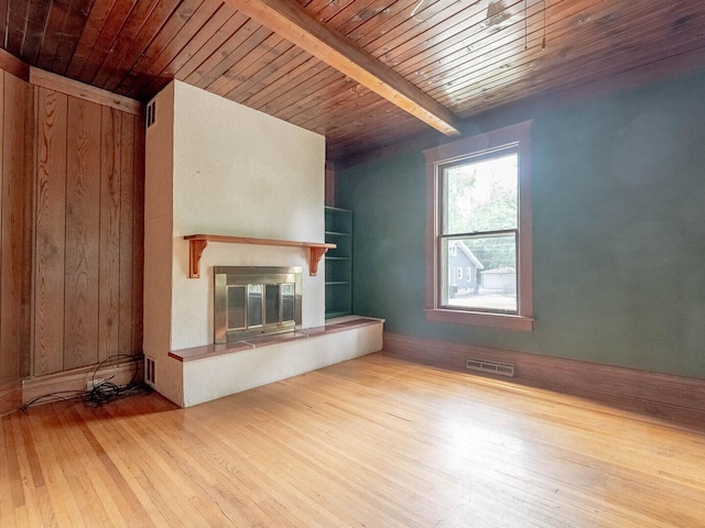 514 N St, Crete, IL 60417 - unfurnished living room with hardwood / wood-style floors, a wooden ceiling with exposed beams, and a glass covered fireplace