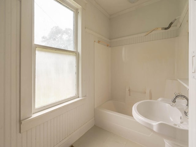 514 N St, Crete, IL 60417 - bathroom featuring ornamental molding,  shower combination, and tile patterned floors