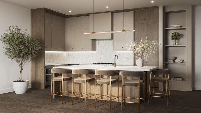 3037 N Lincoln Ave Unit Ph-01, Chicago, IL 60657 - kitchen with tasteful backsplash, light countertops, a breakfast bar, dark wood finished floors, and recessed lighting