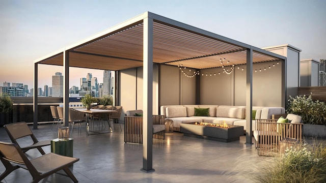 3037 N Lincoln Ave Unit Ph-01, Chicago, IL 60657 - patio terrace at dusk with an outdoor living space with a fire pit, a view of skyline, a patio, and outdoor dining space