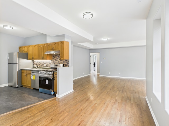 1729 E 67th St Unit 2E, Chicago, IL 60649 - kitchen with stainless steel appliances, under cabinet range hood, decorative backsplash, wood finished floors, and light countertops