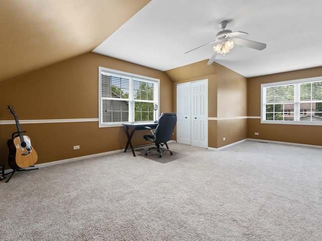 569 Ryan Way, Crystal Lake, IL 60012 - office with lofted ceiling, carpet flooring, healthy amount of natural light, and ceiling fan