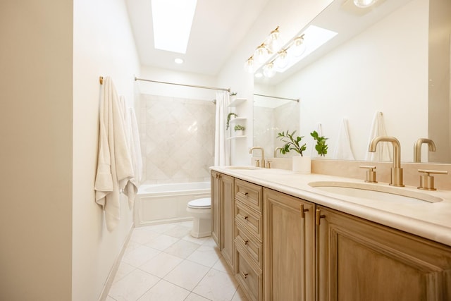 3457 N Whipple St, Chicago, IL 60618 - bathroom featuring a skylight, shower / bathtub combination, double vanity, tile patterned flooring, and recessed lighting