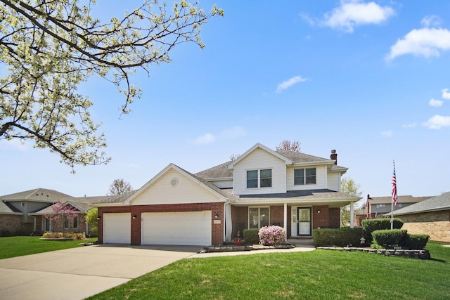 2870 Gannet Ln, New Lenox, IL 60451 - view of front of home featuring a garage, a front yard, driveway, brick siding, and a chimney