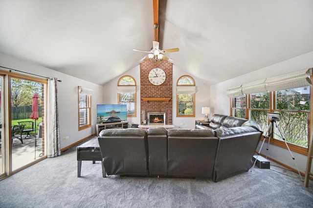 2870 Gannet Ln, New Lenox, IL 60451 - living room with ceiling fan, a brick fireplace, and carpet floors