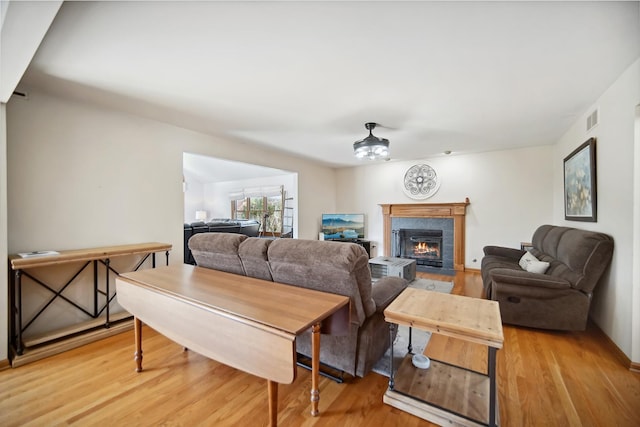 2870 Gannet Ln, New Lenox, IL 60451 - living room with light wood-style flooring, a ceiling fan, and a fireplace with flush hearth