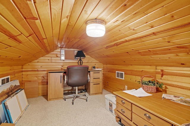 20340 Rt 113th Hwy, Wilmington, IL 60481 - carpeted home office featuring wooden walls, wooden ceiling, and lofted ceiling