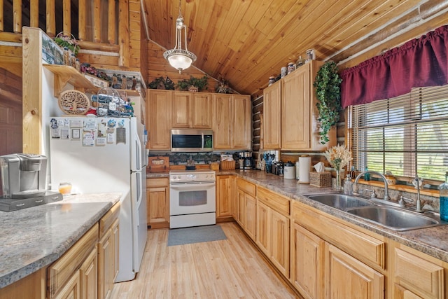 20340 Rt 113th Hwy, Wilmington, IL 60481 - kitchen with white appliances, vaulted ceiling, light wood-type flooring, and pendant lighting