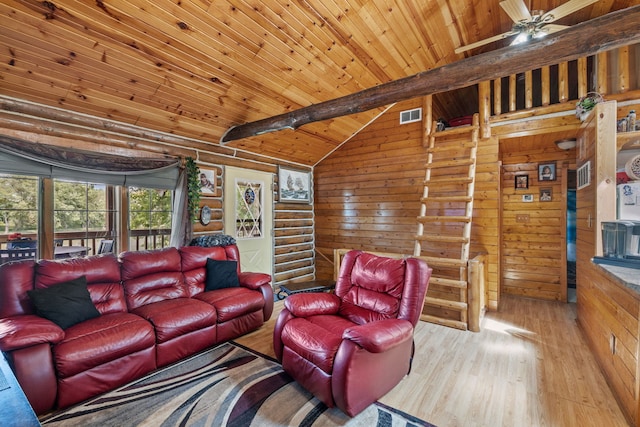 20340 Rt 113th Hwy, Wilmington, IL 60481 - living room featuring wood-type flooring, a wood ceiling with exposed beams, a ceiling fan, wooden walls, and high vaulted ceiling