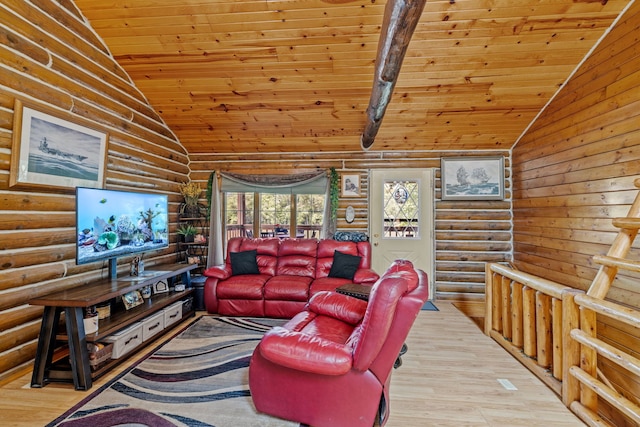 20340 Rt 113th Hwy, Wilmington, IL 60481 - living room with wood finished floors, wood ceiling, rustic walls, and high vaulted ceiling