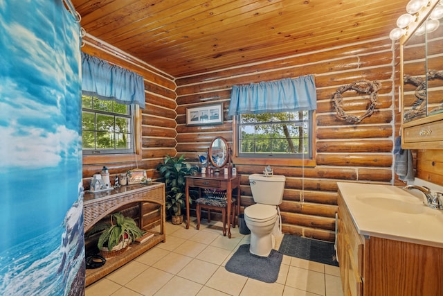 20340 Rt 113th Hwy, Wilmington, IL 60481 - bathroom featuring log walls, vanity, wood ceiling, and tile patterned flooring