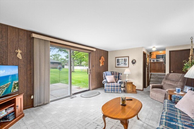 6841 Carpenter St, Downers Grove, IL 60516 - living room featuring wooden walls and light carpet