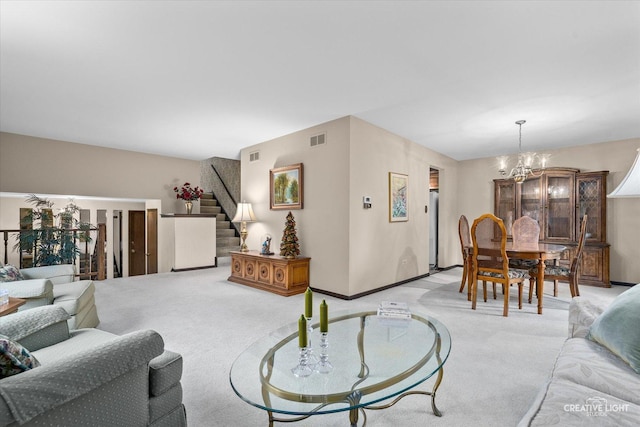 6841 Carpenter St, Downers Grove, IL 60516 - living area featuring light colored carpet, a chandelier, and stairway