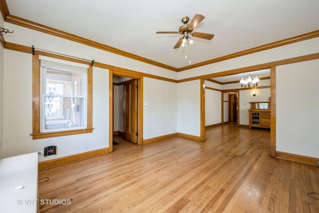 5404 W Henderson St, Chicago, IL 60641 - empty room featuring a chandelier, light wood-style flooring, crown molding, and a ceiling fan