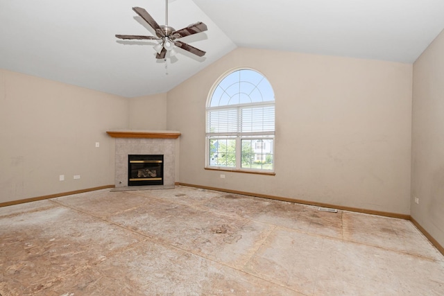 25813 S Geranium Ln, Monee, IL 60449 - unfurnished living room with a tile fireplace, a ceiling fan, and high vaulted ceiling