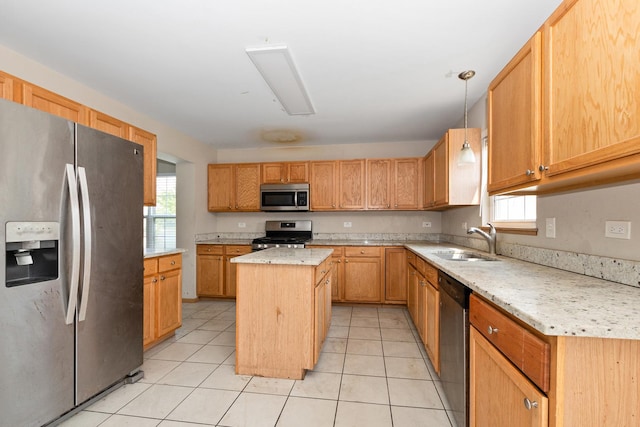 25813 S Geranium Ln, Monee, IL 60449 - kitchen with stainless steel appliances, light tile patterned floors, a kitchen island, light stone countertops, and decorative light fixtures