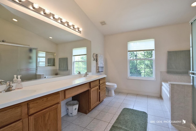 2467 W Autumn Dr, Round Lake, IL 60073 - bathroom featuring vaulted ceiling, double vanity, a shower stall, a garden tub, and tile patterned floors