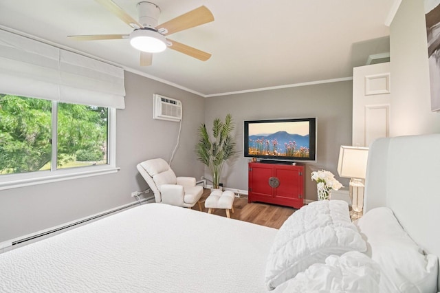 9S240 Lake Dr Unit 17-207B, Willowbrook, IL 60527 - bedroom with wood finished floors, ornamental molding, ceiling fan, baseboard heating, and an AC wall unit