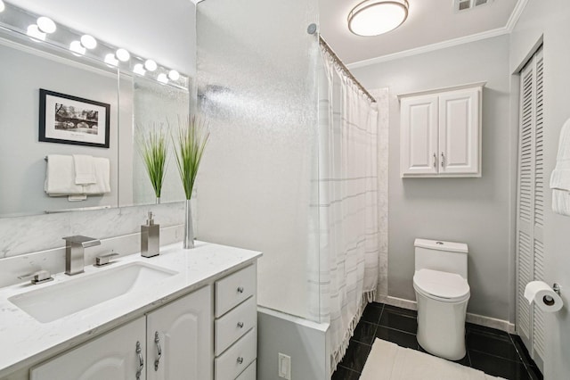 9S240 Lake Dr Unit 17-207B, Willowbrook, IL 60527 - bathroom featuring crown molding, vanity, tile patterned floors, and curtained shower