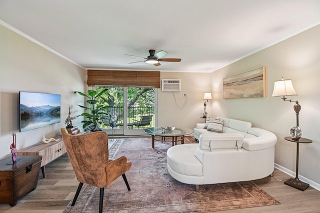 9S240 Lake Dr Unit 17-207B, Willowbrook, IL 60527 - living room featuring ceiling fan, wood finished floors, crown molding, and a wall unit AC