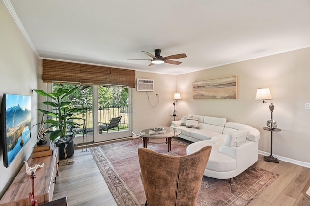 9S240 Lake Dr Unit 17-207B, Willowbrook, IL 60527 - living room with ornamental molding, ceiling fan, wood finished floors, and a wall unit AC