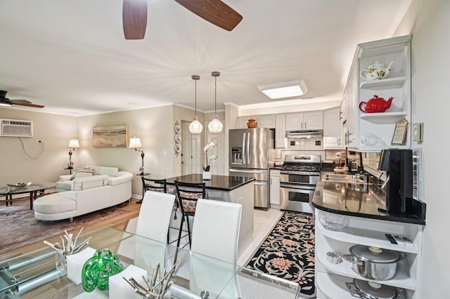9S240 Lake Dr Unit 17-207B, Willowbrook, IL 60527 - kitchen featuring open shelves, appliances with stainless steel finishes, ceiling fan, dark countertops, and open floor plan
