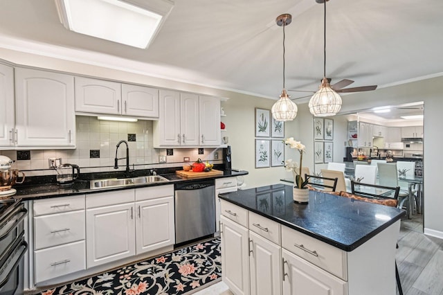 9S240 Lake Dr Unit 17-207B, Willowbrook, IL 60527 - kitchen featuring stainless steel dishwasher, dark countertops, crown molding, decorative backsplash, and white cabinetry