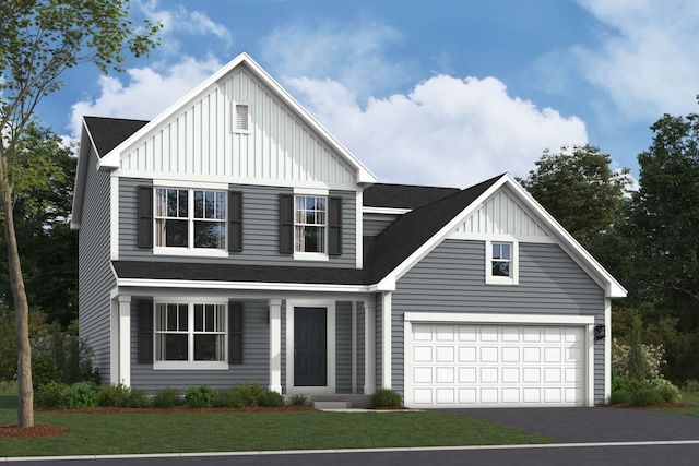 1759 Breton Ave, North Aurora, IL 60542 - view of front facade with board and batten siding, a shingled roof, driveway, and a front yard