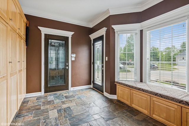 24650 Lincolnway St, Plainfield, IL 60544 - foyer featuring dark stone finish floors and crown molding