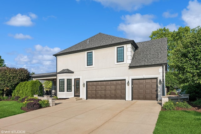 24650 Lincolnway St, Plainfield, IL 60544 - traditional-style house with roof with shingles, driveway, an attached garage, stucco siding, and a front lawn