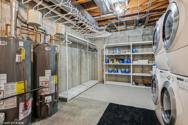 24650 Lincolnway St, Plainfield, IL 60544 - unfinished basement with stacked washer and clothes dryer and gas water heater