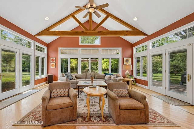 235 Valley Rd, Trout Valley, IL 60013 - sunroom / solarium featuring french doors, high vaulted ceiling, healthy amount of natural light, beam ceiling, and wood finished floors