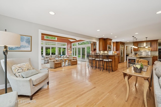 235 Valley Rd, Trout Valley, IL 60013 - living room featuring light wood-style floors, recessed lighting, and french doors